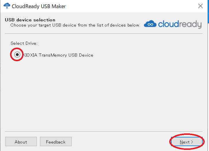  CloudReadyインストール　USB選択