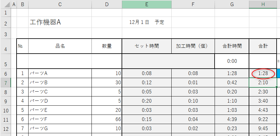 Excel ガントチャート図　合計